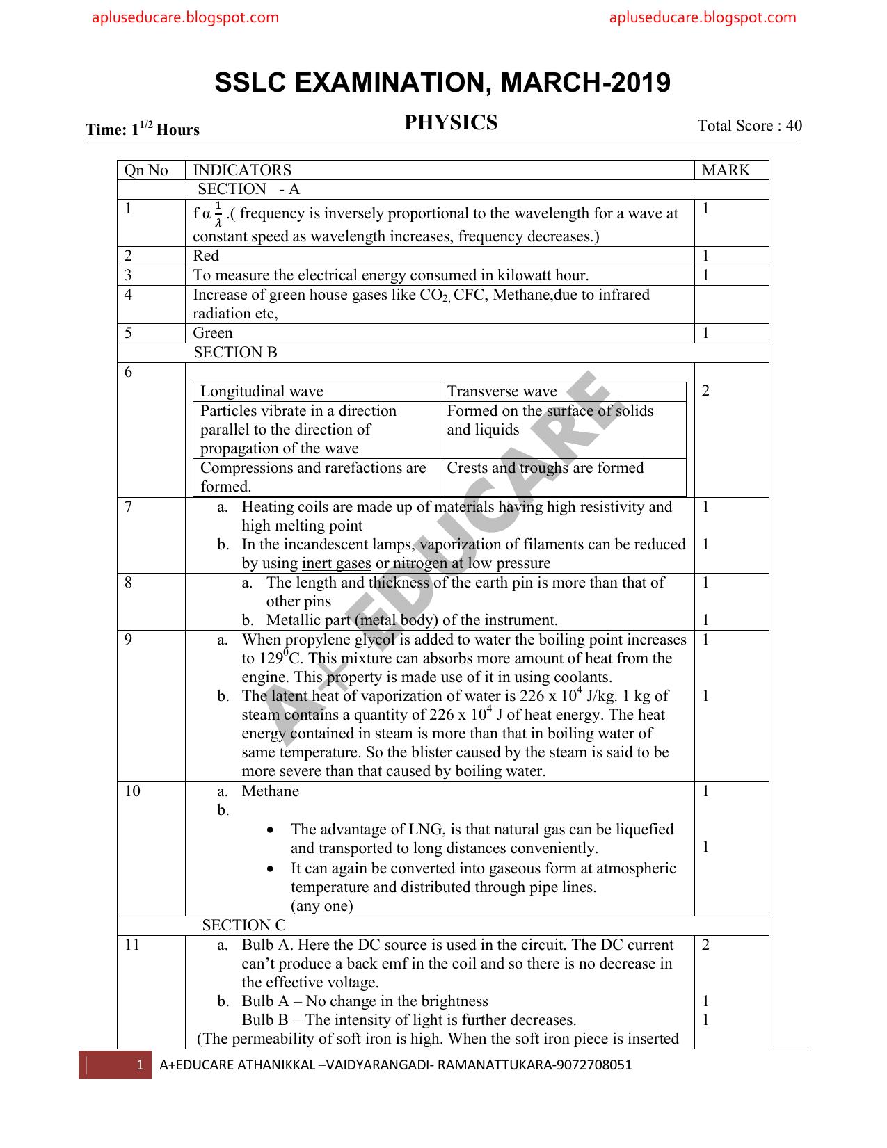 Kerala SSLC 2019 Physics Answer Key (EM) - Page 1