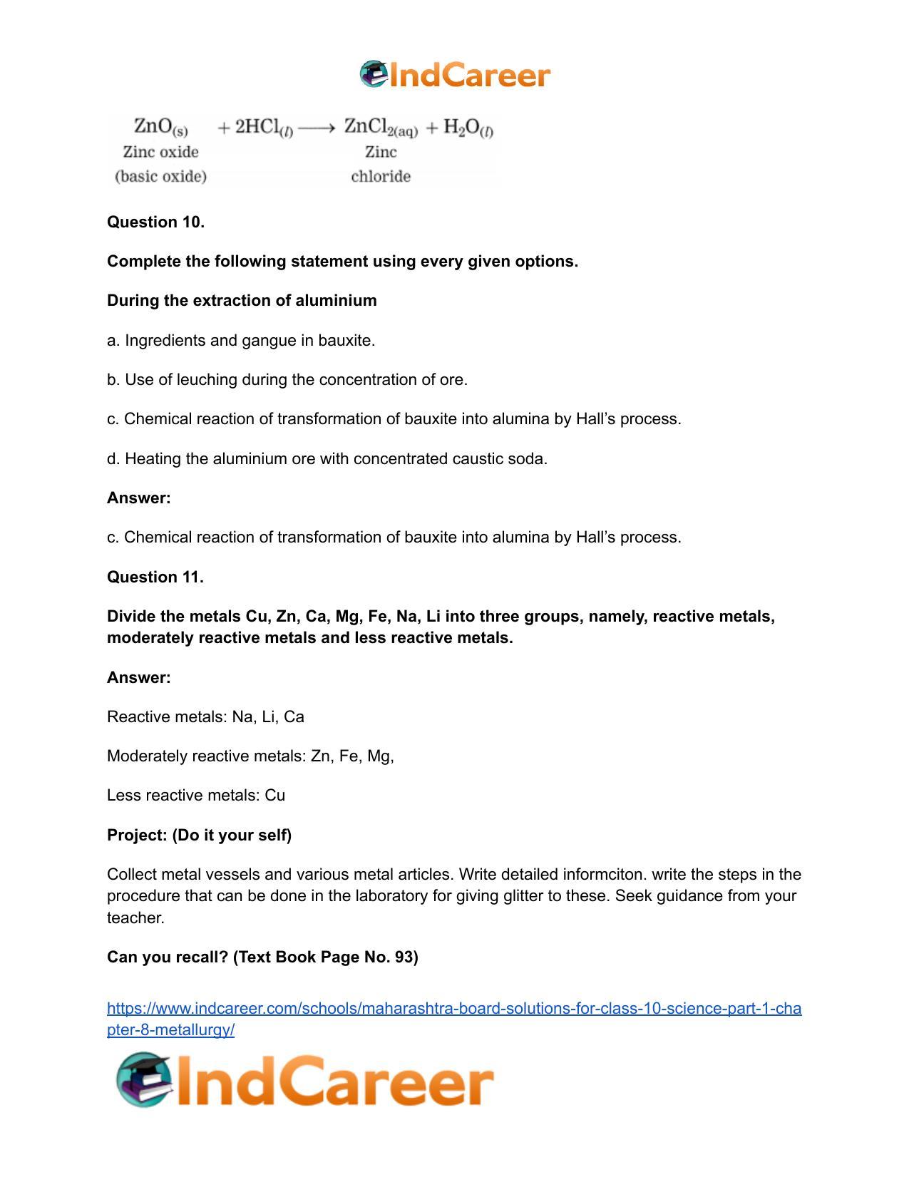 Maharashtra Board Solutions for Class 10- Science (Part 1): Chapter 8- Metallurgy - Page 12