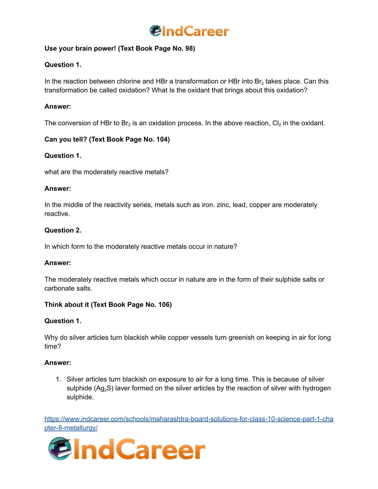 Maharashtra Board Solutions for Class 10- Science (Part 1): Chapter 8- Metallurgy - Page 15