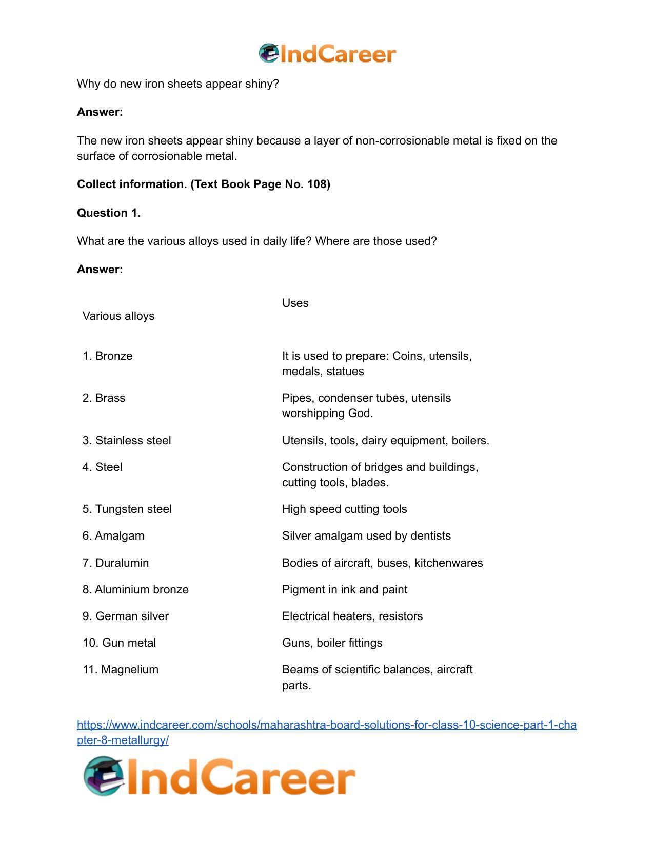 Maharashtra Board Solutions for Class 10- Science (Part 1): Chapter 8- Metallurgy - Page 18