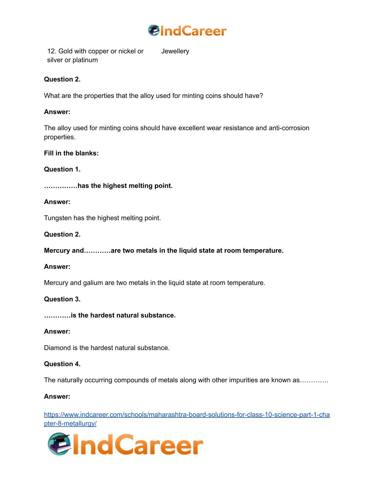 Maharashtra Board Solutions for Class 10- Science (Part 1): Chapter 8- Metallurgy - Page 19