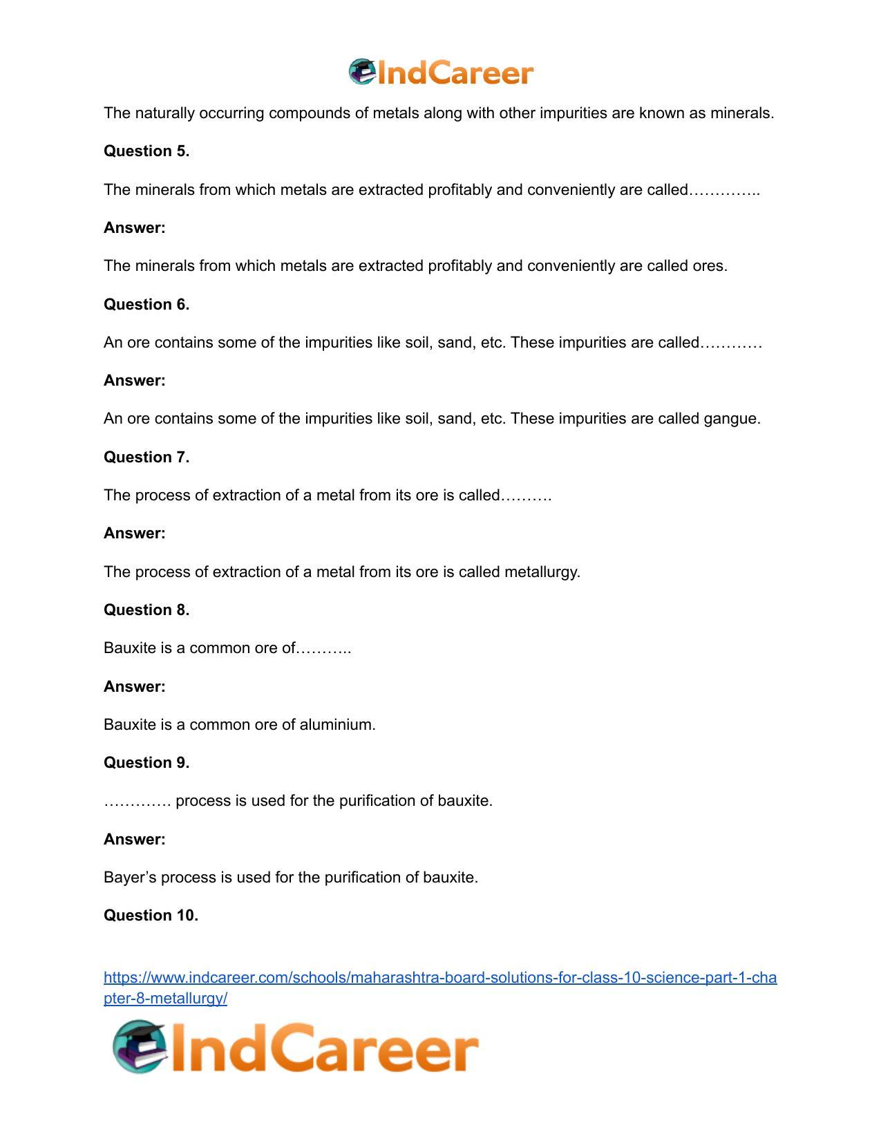 Maharashtra Board Solutions for Class 10- Science (Part 1): Chapter 8- Metallurgy - Page 20