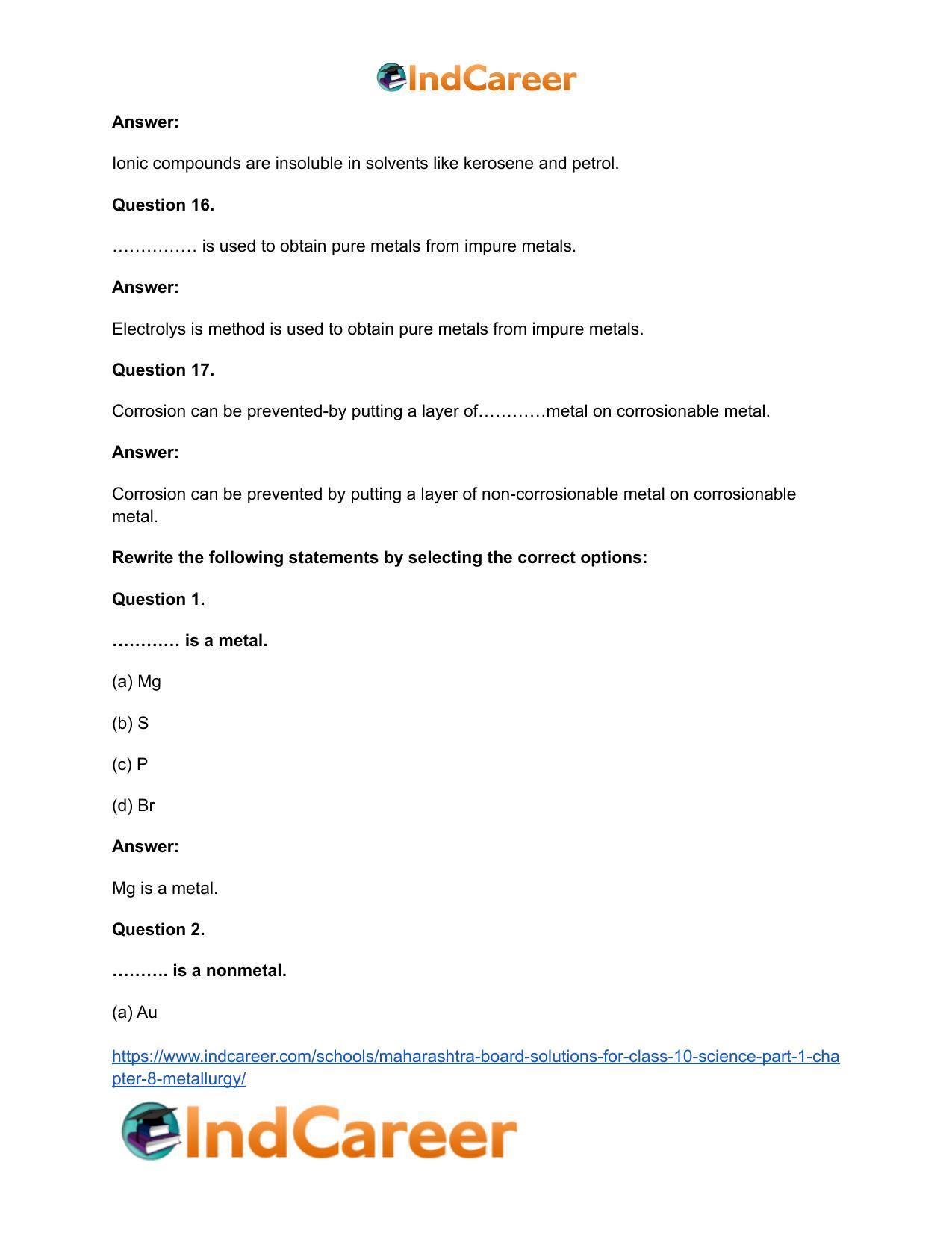Maharashtra Board Solutions for Class 10- Science (Part 1): Chapter 8- Metallurgy - Page 22