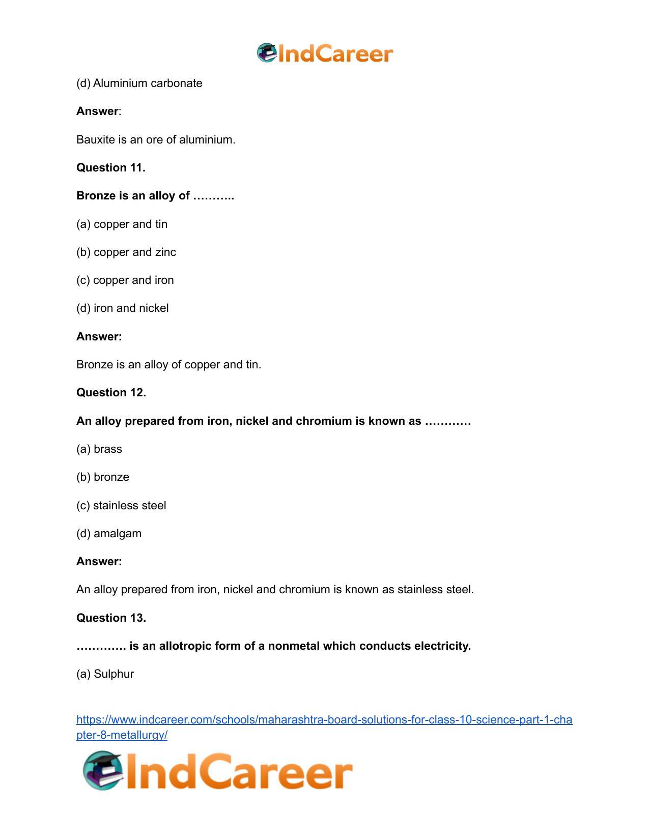Maharashtra Board Solutions for Class 10- Science (Part 1): Chapter 8- Metallurgy - Page 26