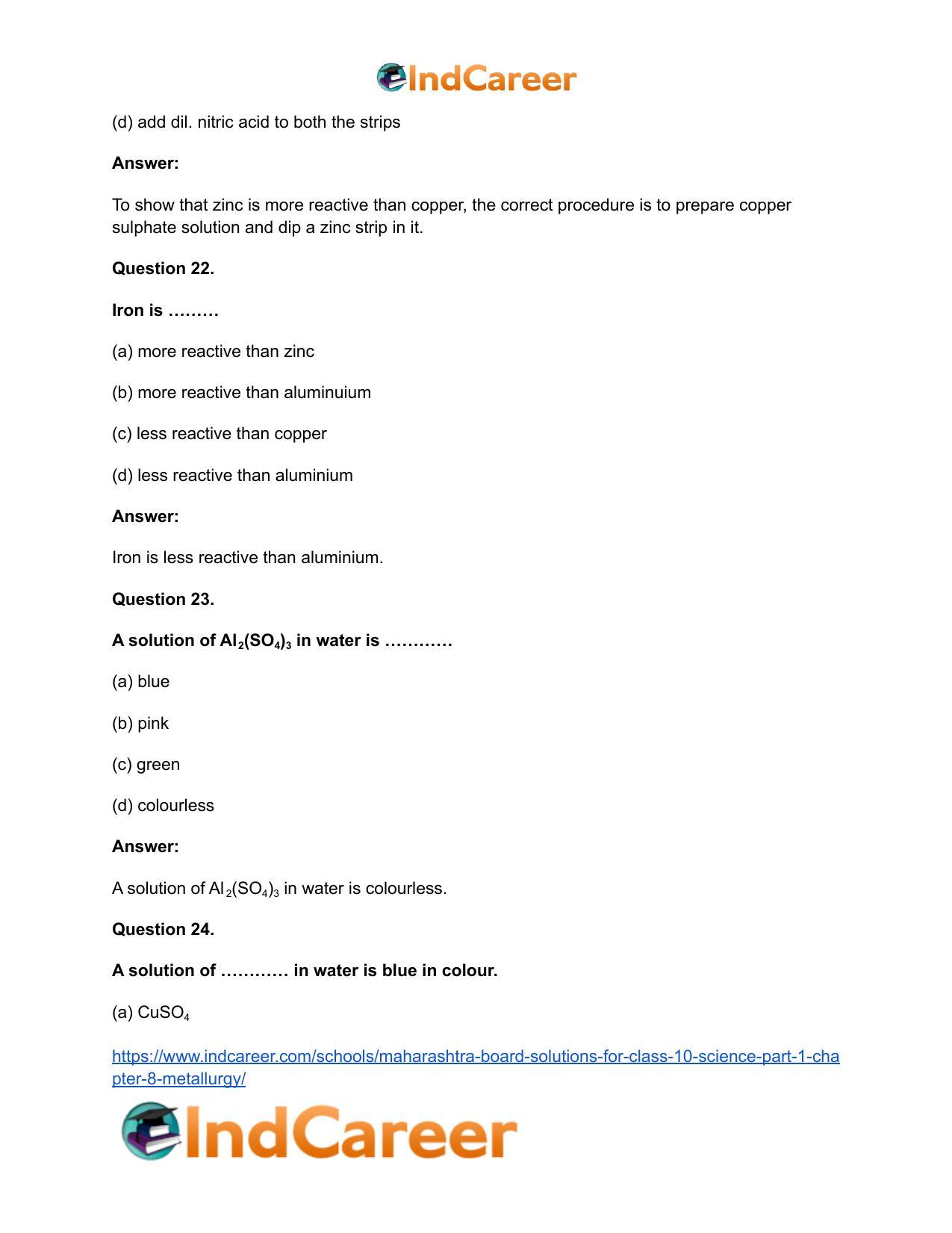 Maharashtra Board Solutions for Class 10- Science (Part 1): Chapter 8- Metallurgy - Page 30