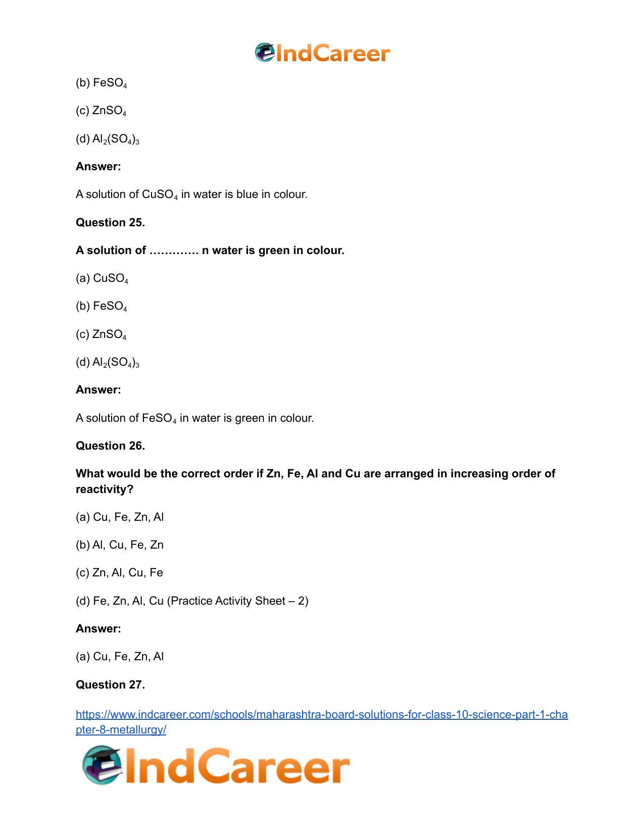 Maharashtra Board Solutions for Class 10- Science (Part 1): Chapter 8- Metallurgy - Page 31