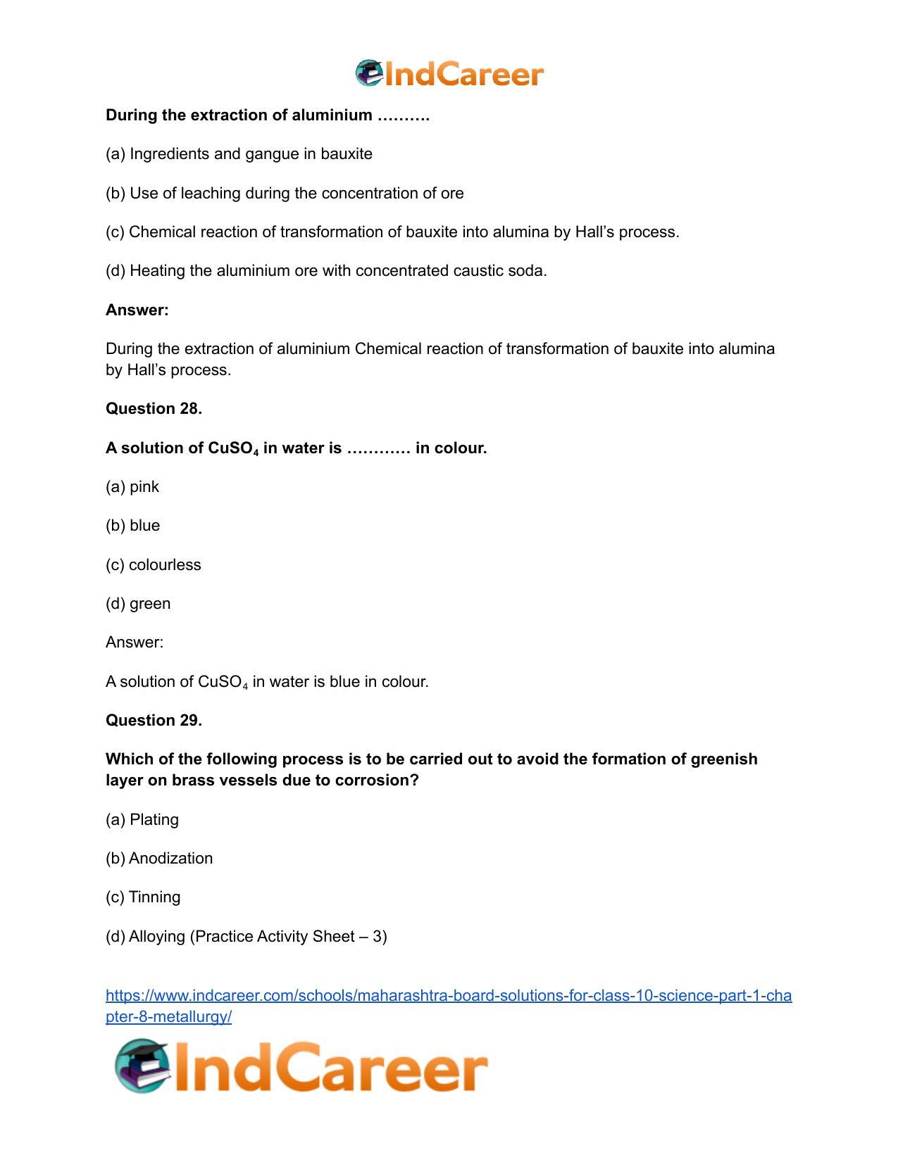 Maharashtra Board Solutions for Class 10- Science (Part 1): Chapter 8- Metallurgy - Page 32