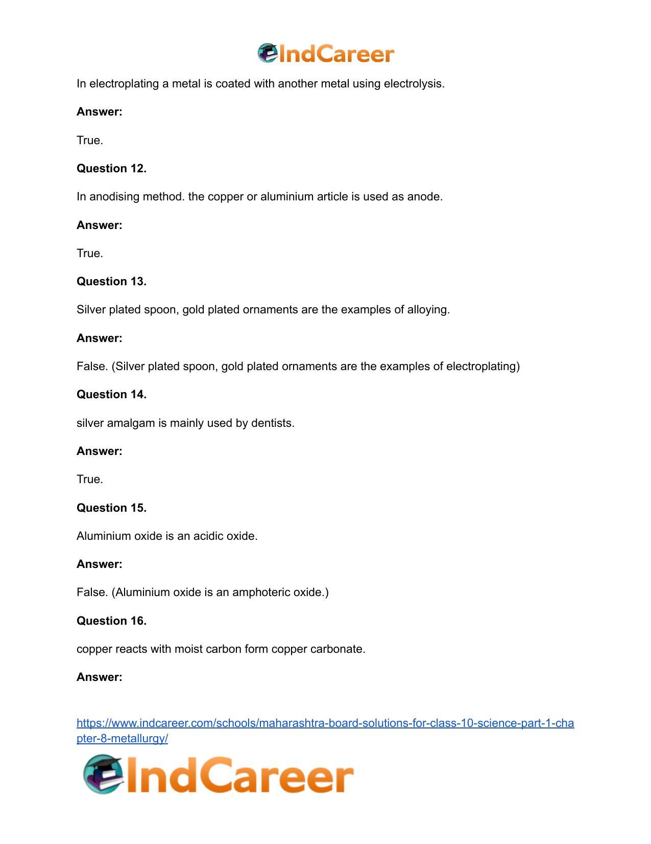 Maharashtra Board Solutions for Class 10- Science (Part 1): Chapter 8- Metallurgy - Page 35