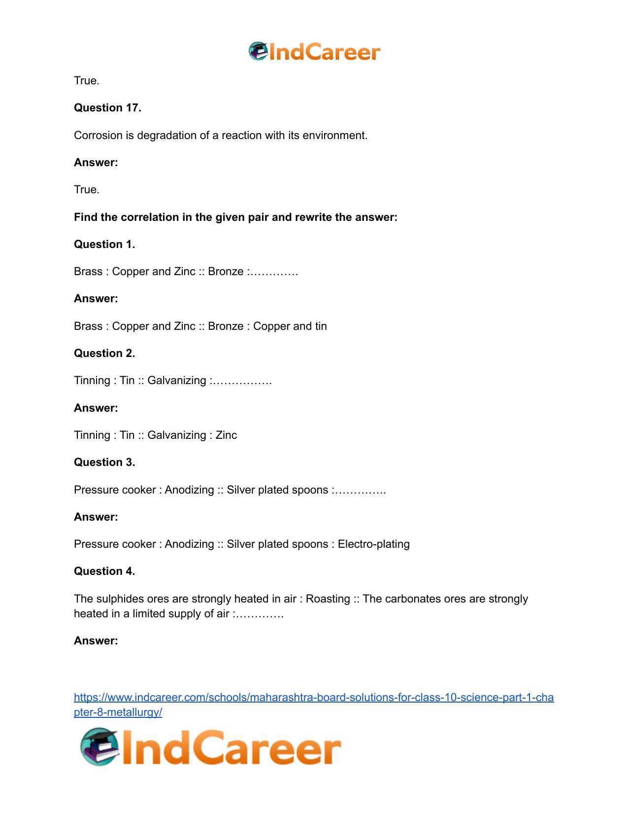 Maharashtra Board Solutions for Class 10- Science (Part 1): Chapter 8- Metallurgy - Page 36