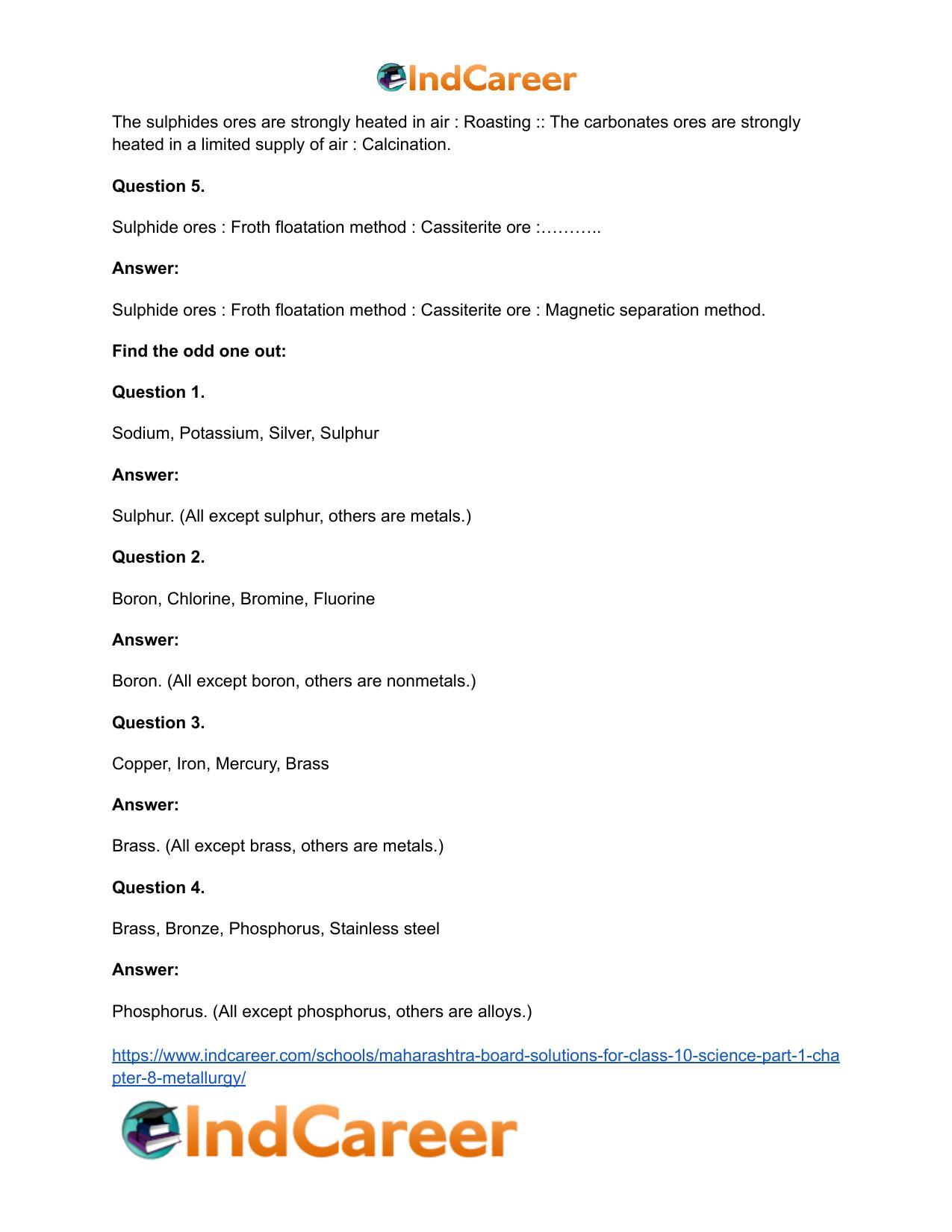 Maharashtra Board Solutions for Class 10- Science (Part 1): Chapter 8- Metallurgy - Page 37