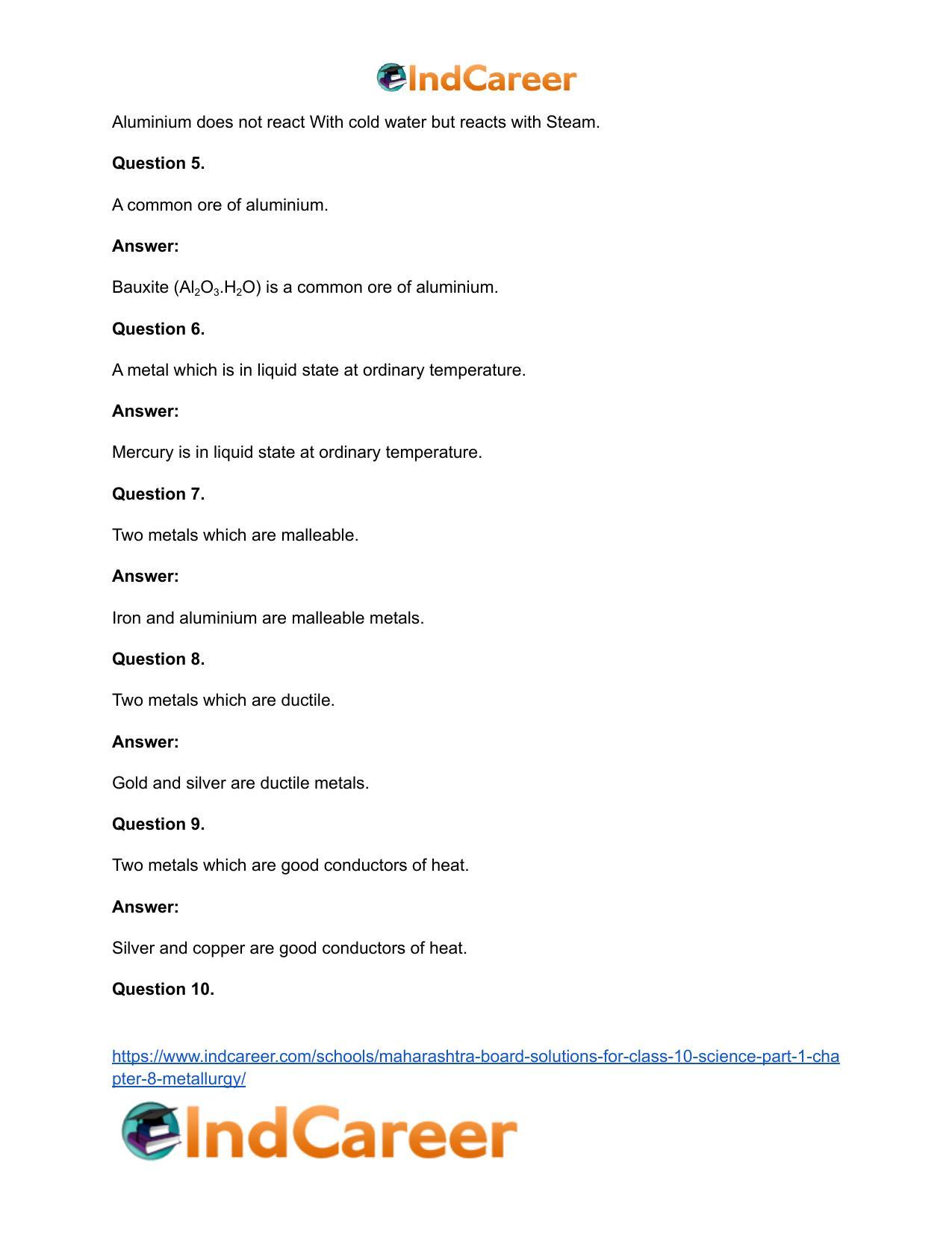 Maharashtra Board Solutions for Class 10- Science (Part 1): Chapter 8- Metallurgy - Page 43