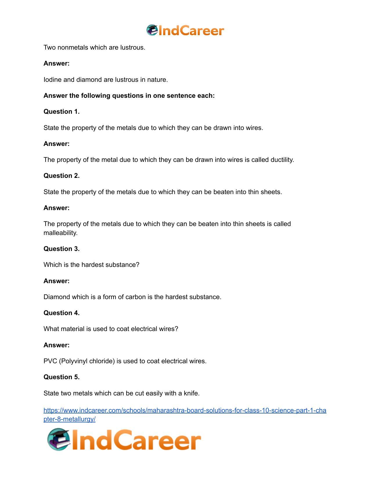 Maharashtra Board Solutions for Class 10- Science (Part 1): Chapter 8- Metallurgy - Page 46