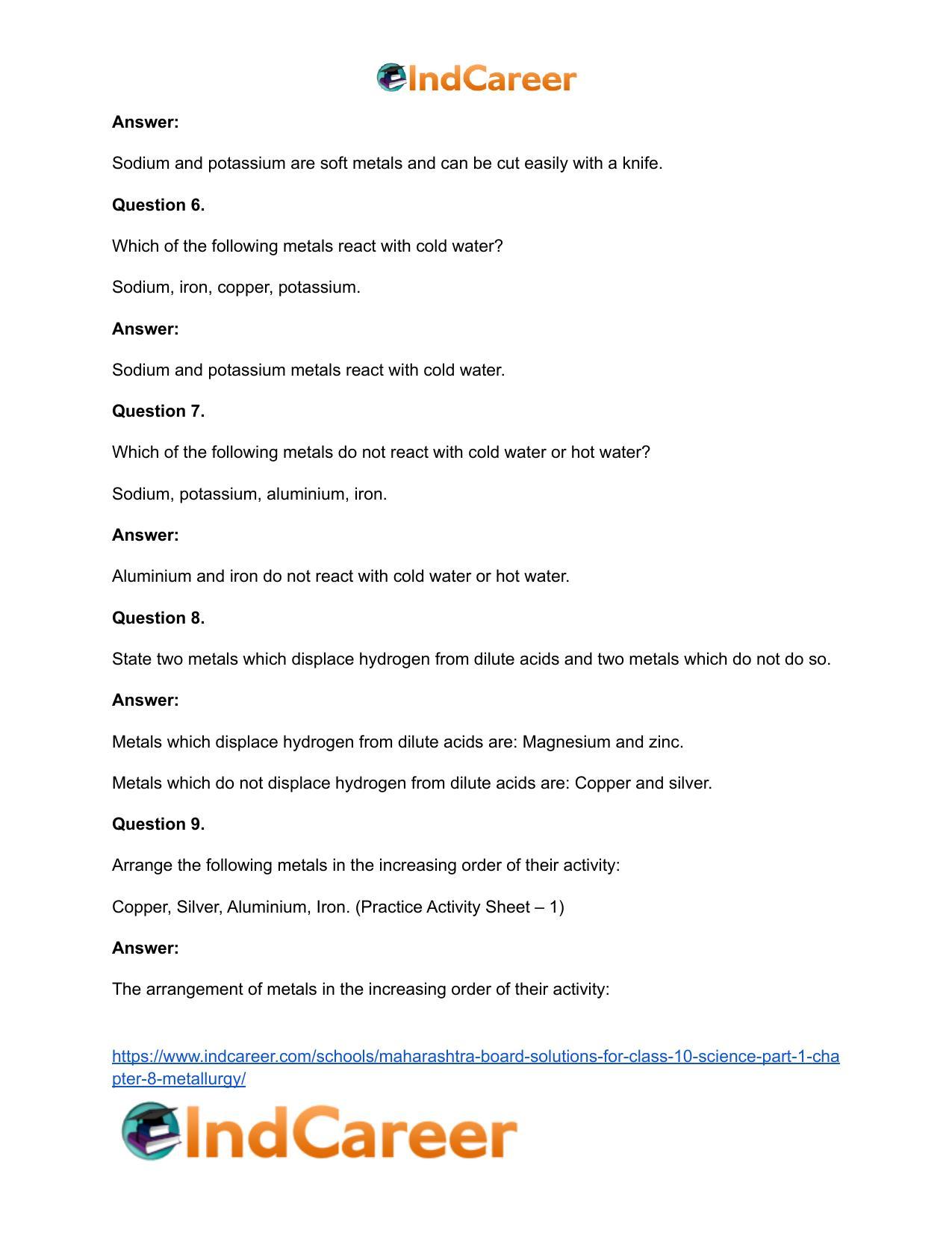 Maharashtra Board Solutions for Class 10- Science (Part 1): Chapter 8- Metallurgy - Page 47