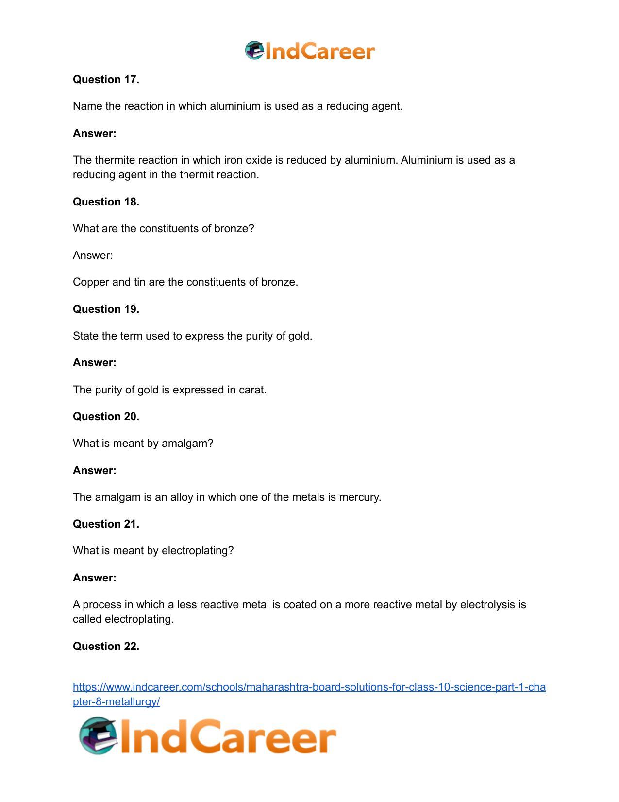 Maharashtra Board Solutions for Class 10- Science (Part 1): Chapter 8- Metallurgy - Page 50