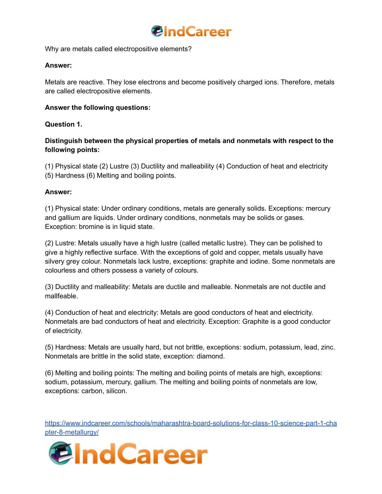 Maharashtra Board Solutions for Class 10- Science (Part 1): Chapter 8- Metallurgy - Page 51