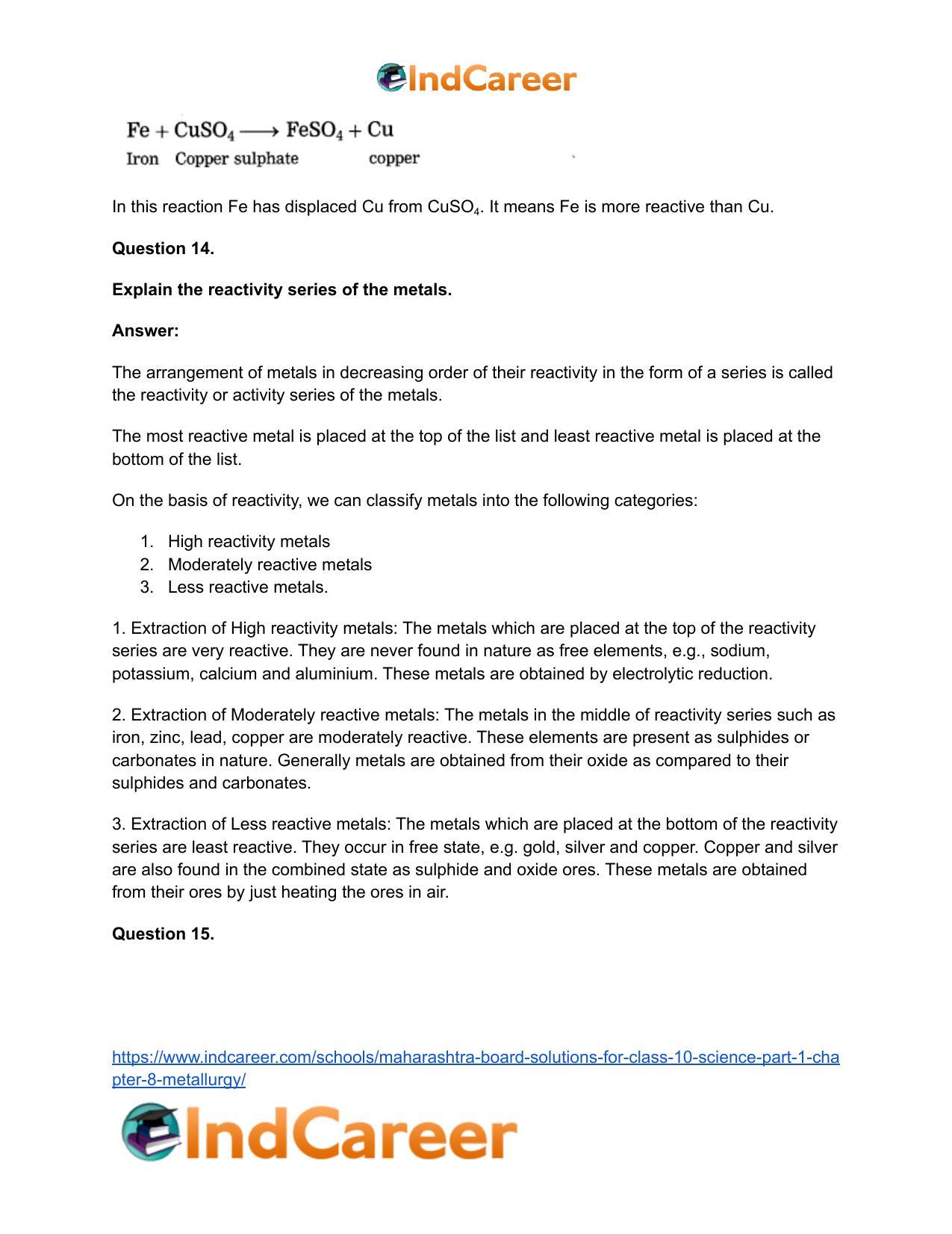 Maharashtra Board Solutions for Class 10- Science (Part 1): Chapter 8- Metallurgy - Page 56