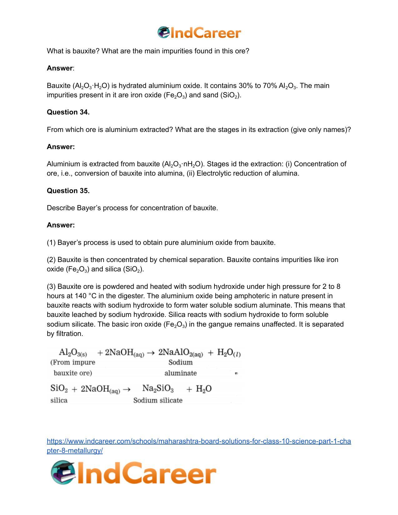 Maharashtra Board Solutions for Class 10- Science (Part 1): Chapter 8- Metallurgy - Page 70