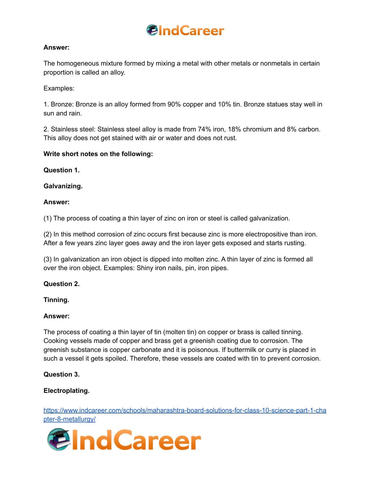 Maharashtra Board Solutions for Class 10- Science (Part 1): Chapter 8- Metallurgy - Page 80