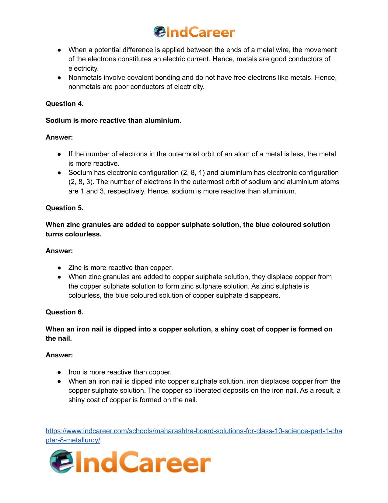 Maharashtra Board Solutions for Class 10- Science (Part 1): Chapter 8- Metallurgy - Page 85