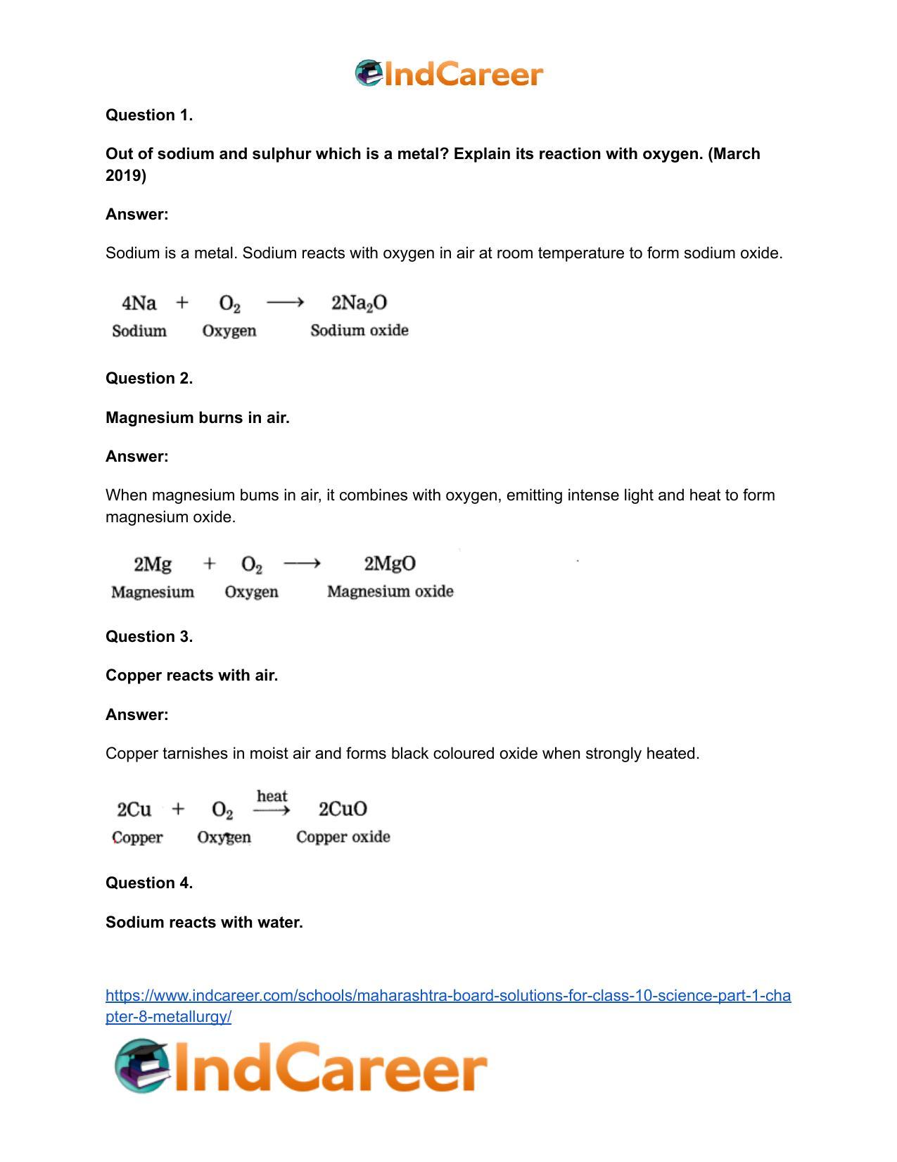 Maharashtra Board Solutions for Class 10- Science (Part 1): Chapter 8- Metallurgy - Page 87