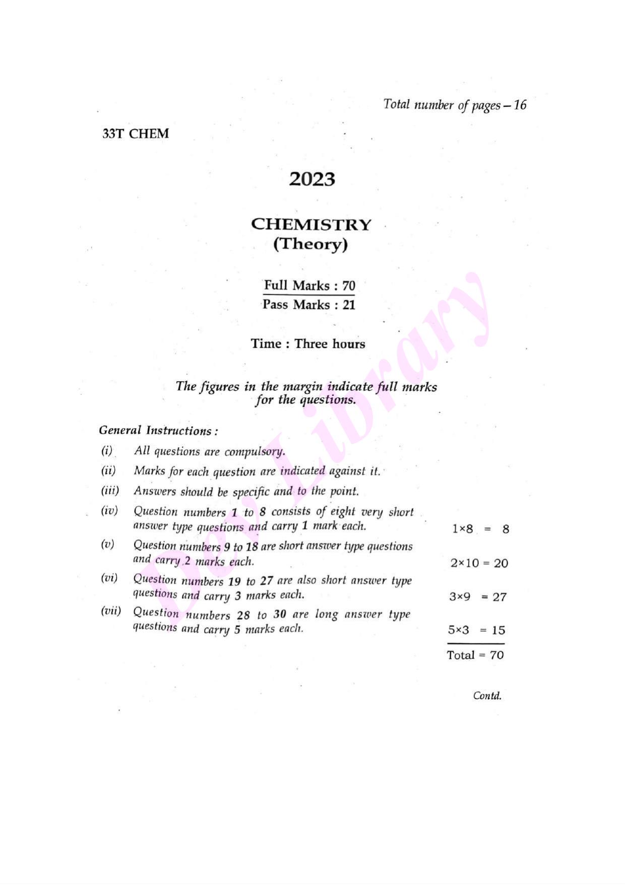 Assam HS 2nd Year Chemistry 2023 Question Paper - Page 1