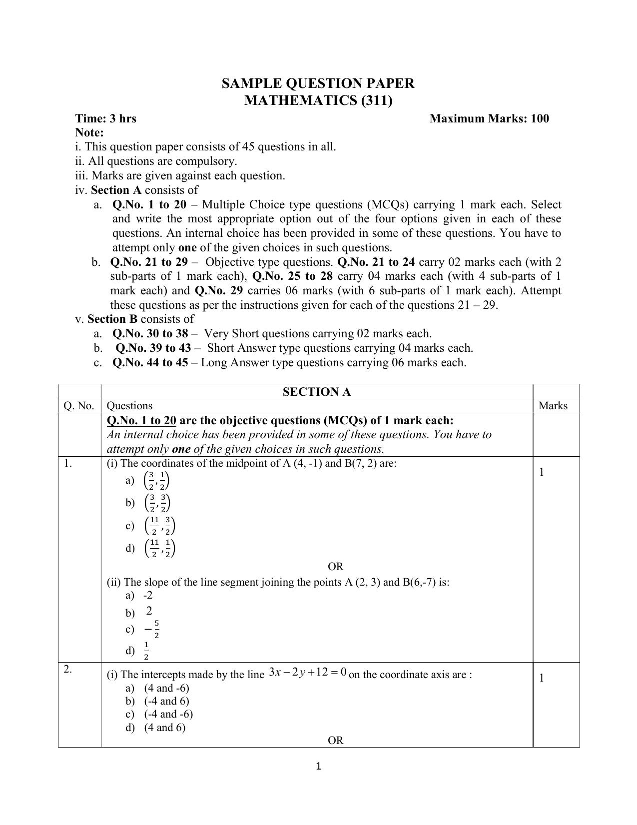 NIOS Class 12 Mathematics Sample Paper - Page 1