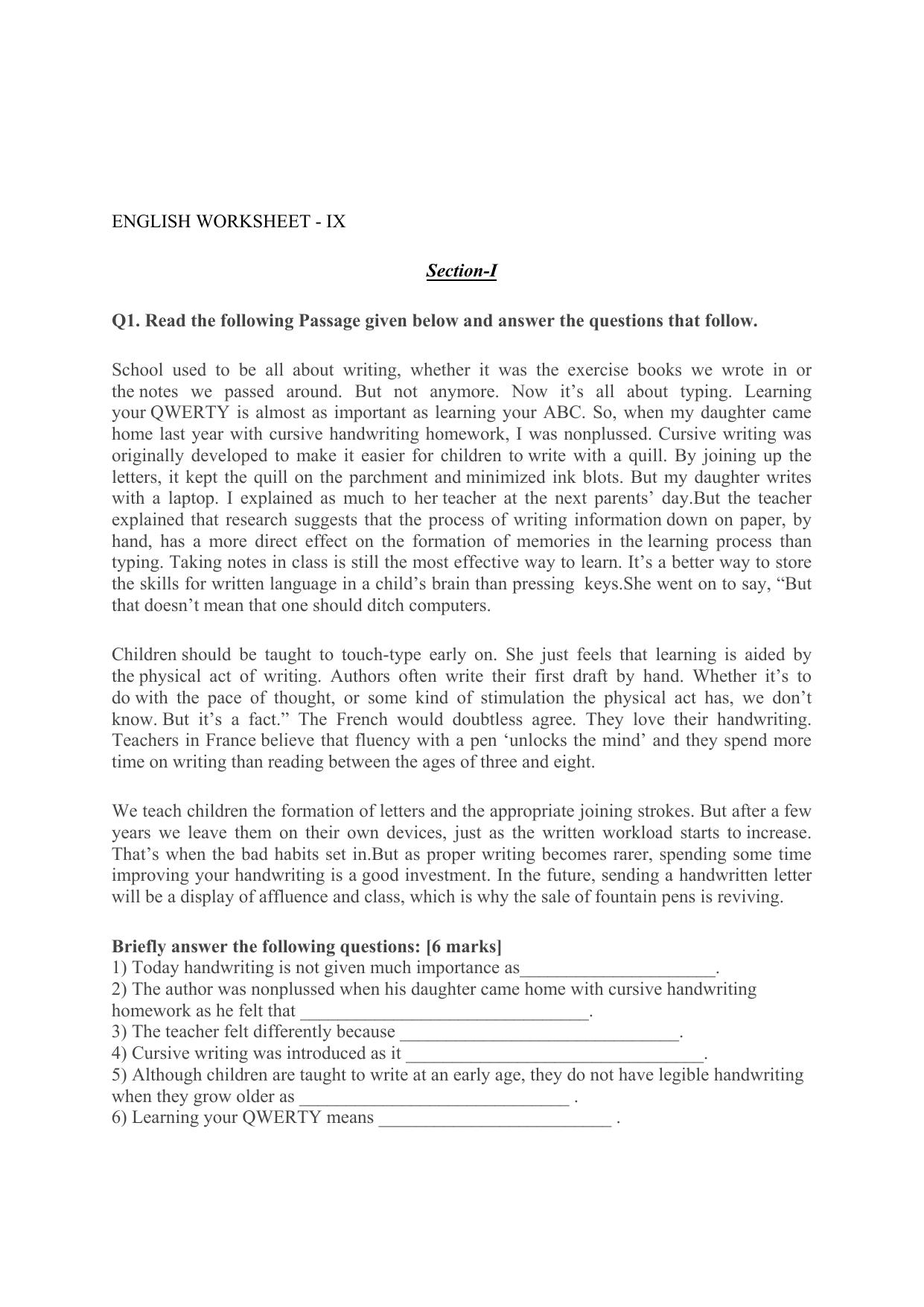 CBSE Worksheets for Class 9 English Passage Assignment 2 - Page 1