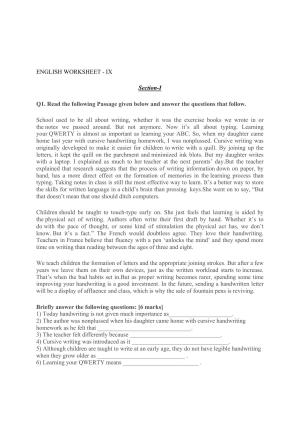 CBSE Worksheets for Class 9 English Passage Assignment 2
