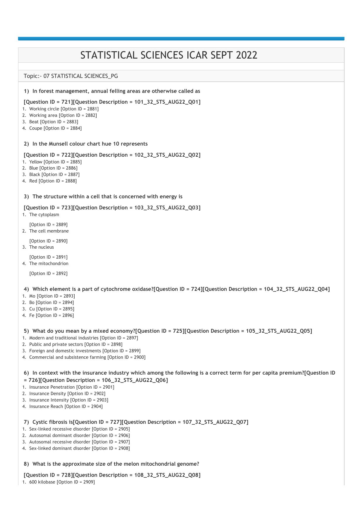 ICAR AIEEA PG 2022 STATISTICAL SCIENCES Question Paper - Page 1