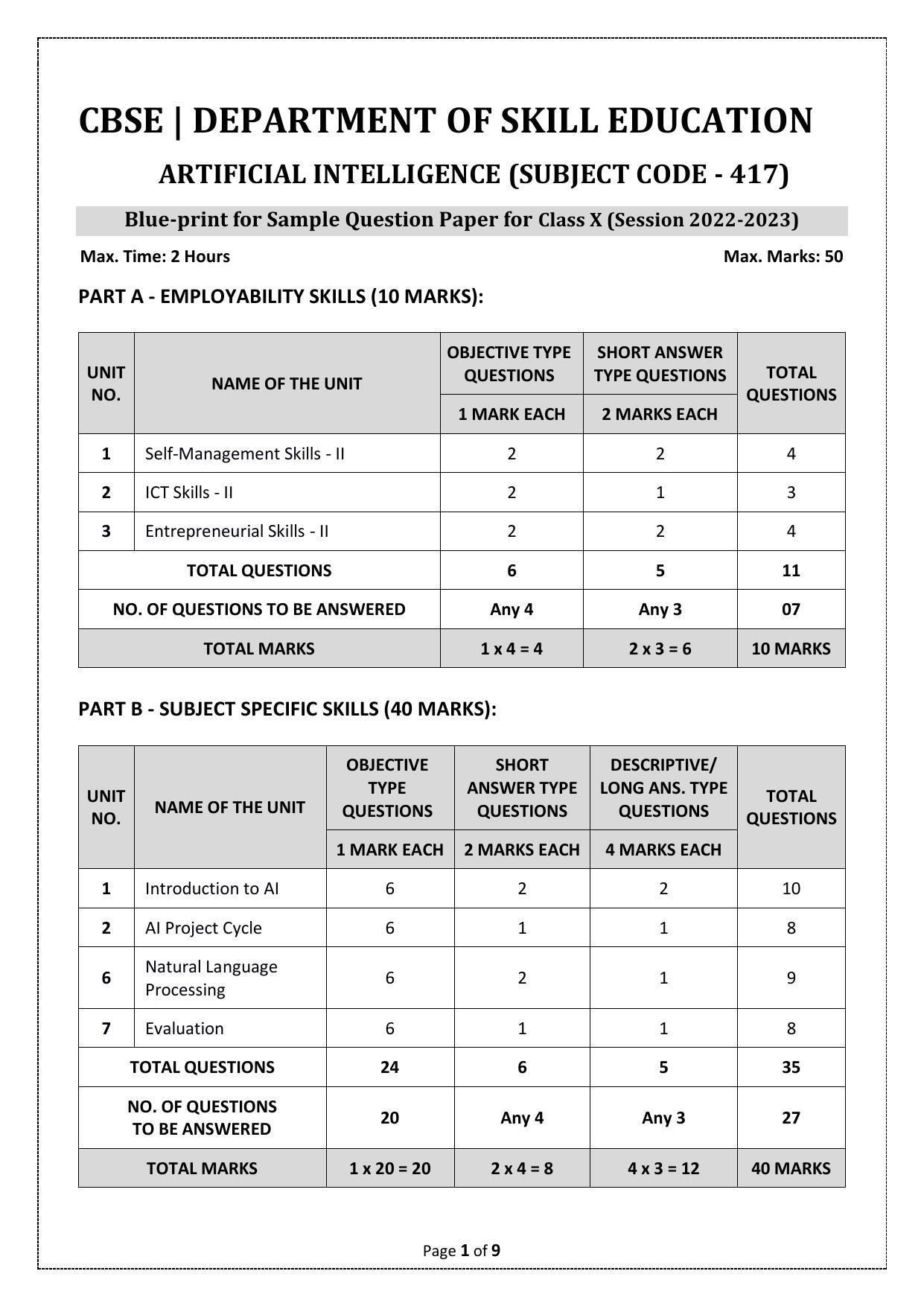 CBSE Class 10 (Skill Education) Artificial Intelligence Sample Papers