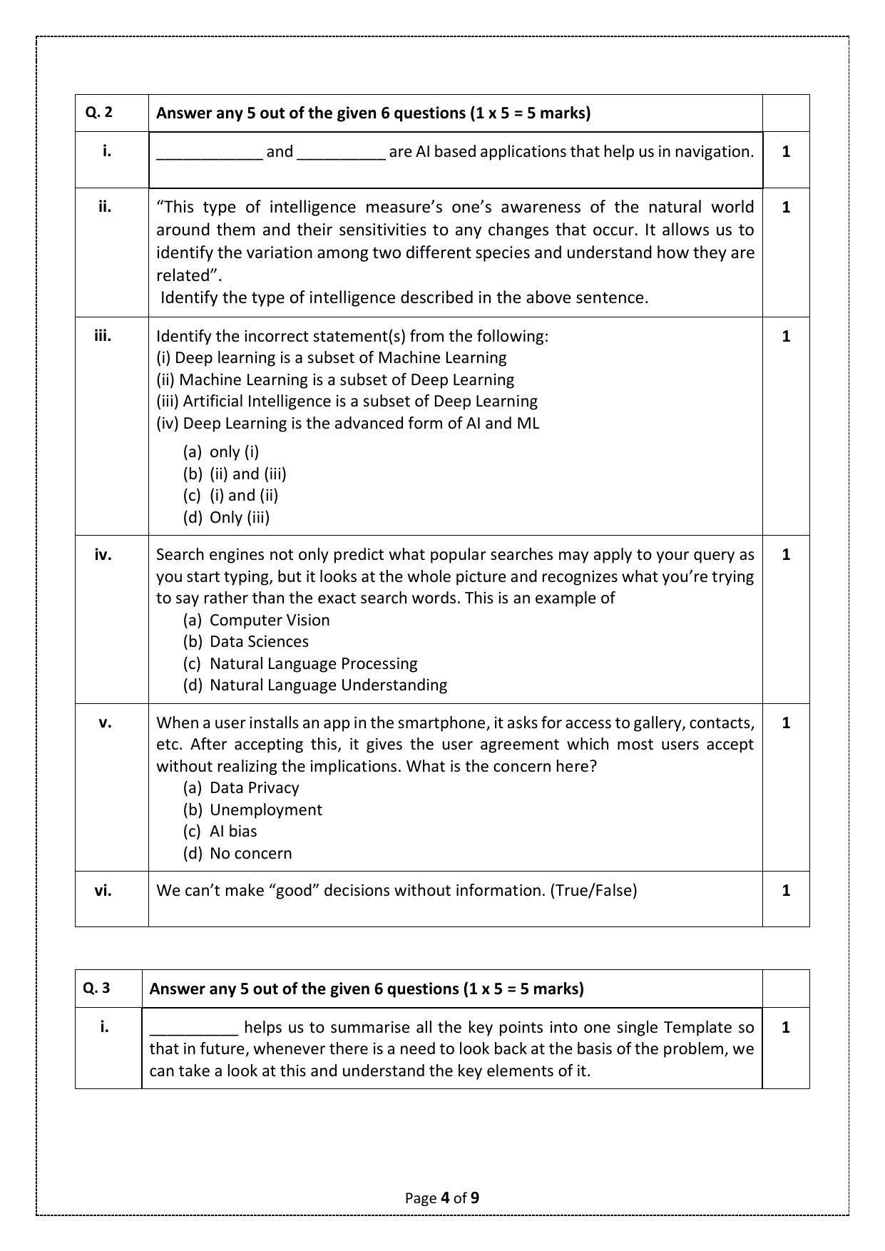 CBSE Class 10 (Skill Education) Artificial Intelligence Sample Papers