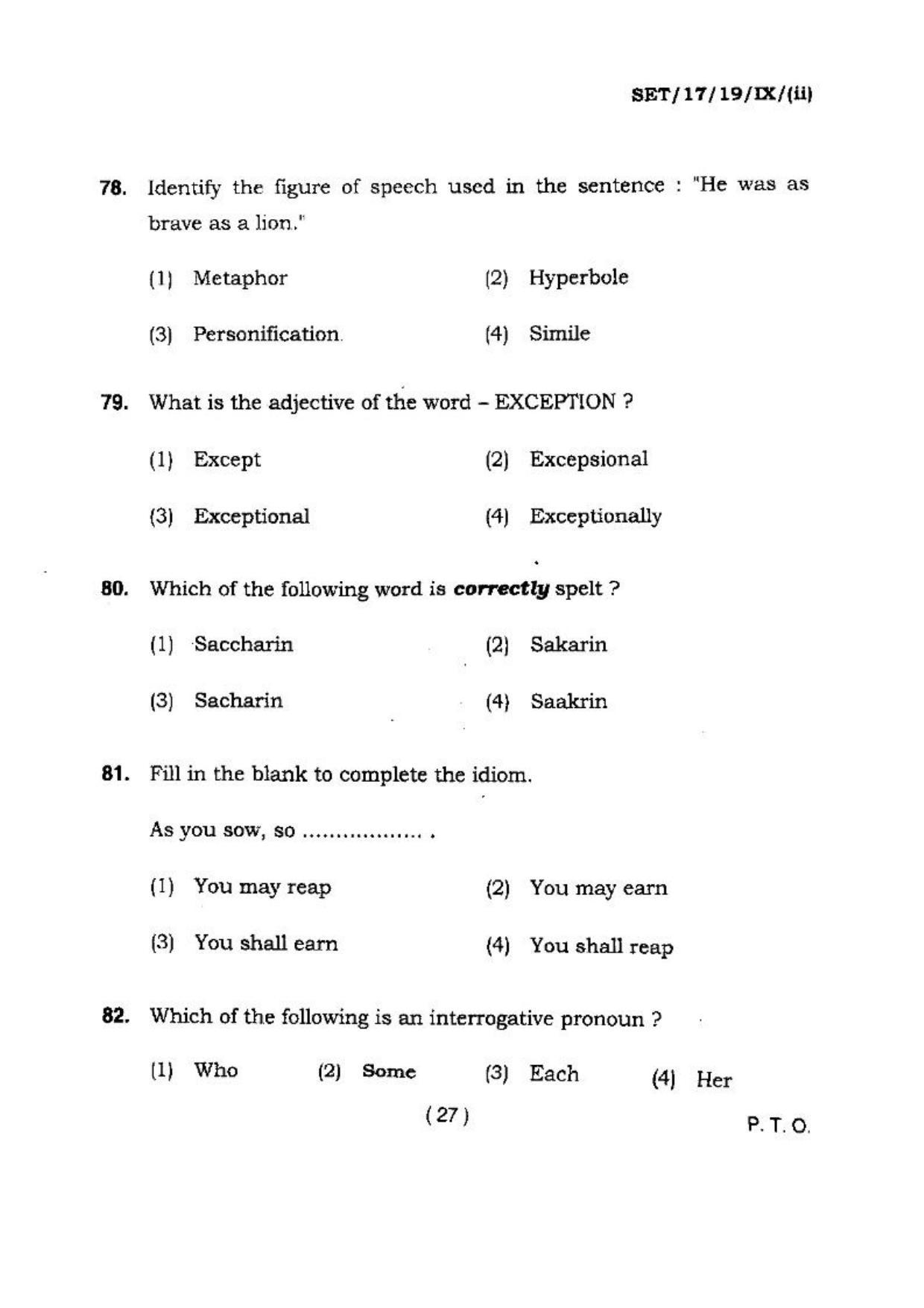 BHU SET 2017 Class-IX (Set 2) Question Paper - Page 27