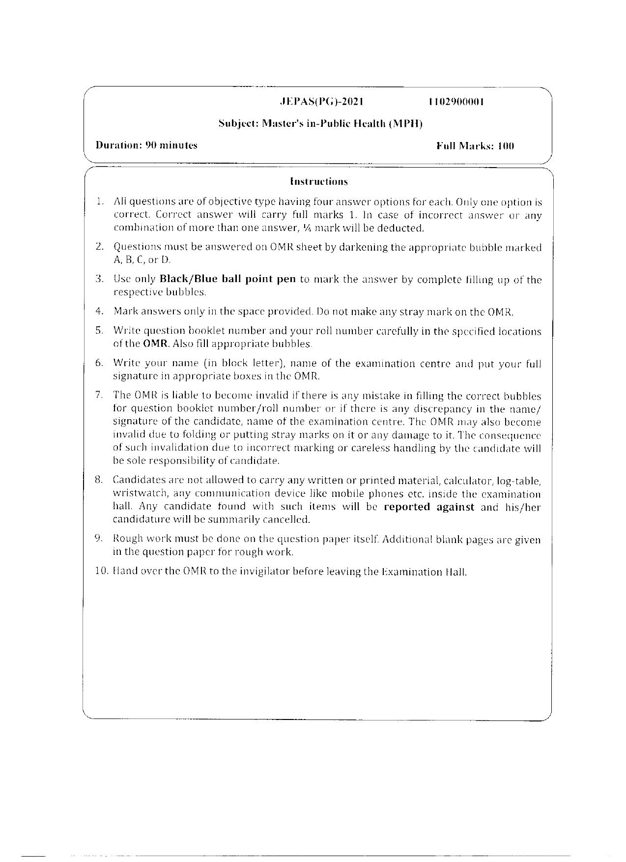 WBJEEB JEMAS (PG) 2021 MPH Question Paper - Page 1