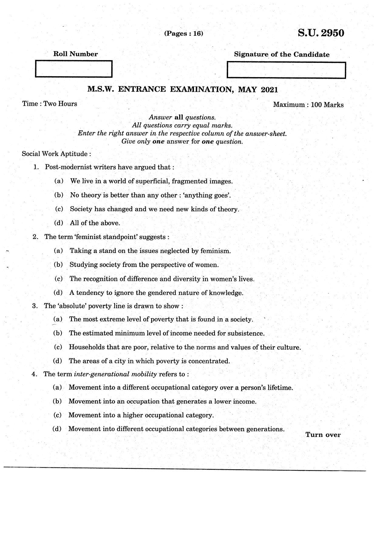 SSUS Entrance Exam MSW 2021 Question Paper - Page 1