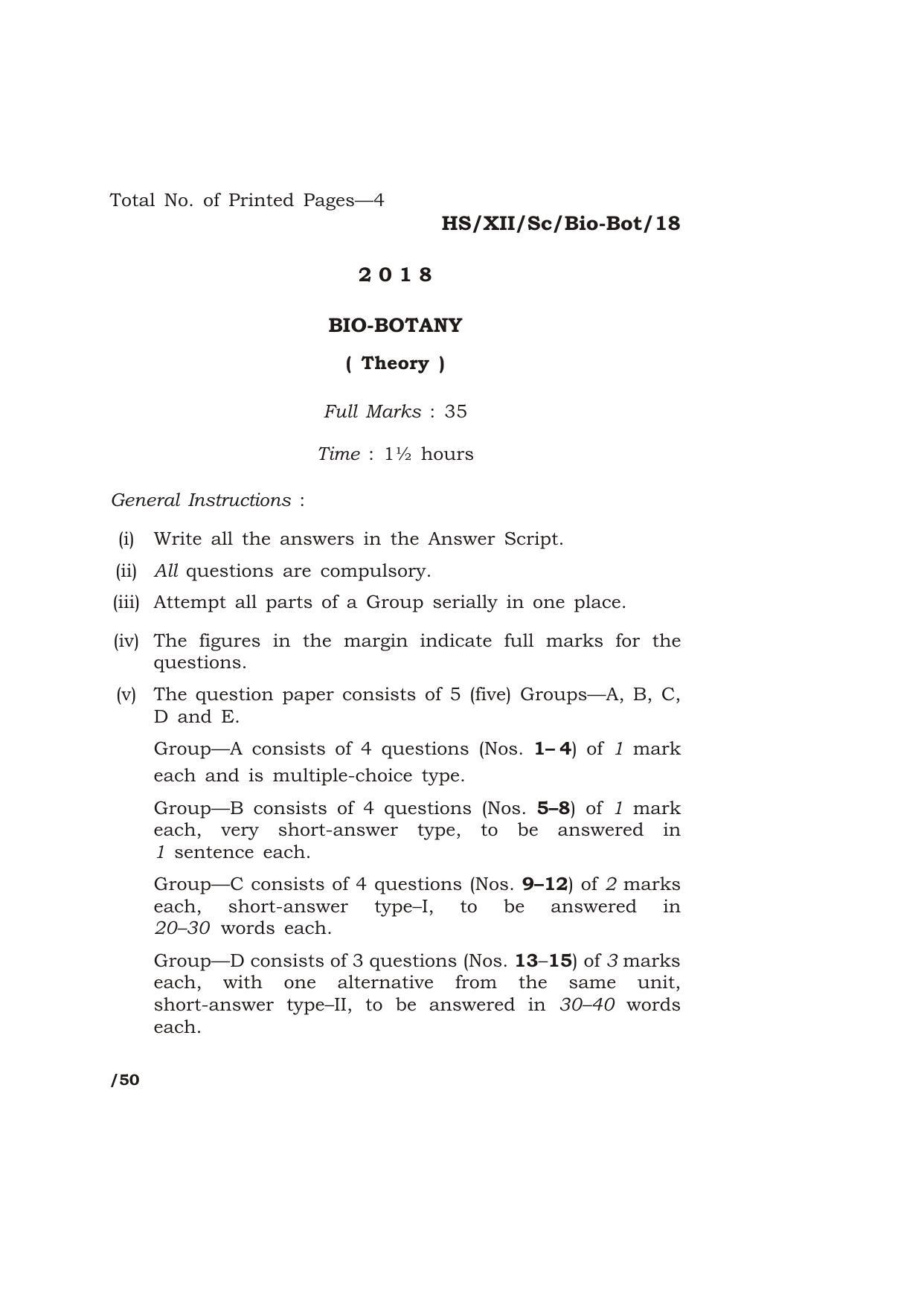 Meghalaya Board (MBOSE) Class 12 BIO-BOTANY 2018 Question Paper - Page 1