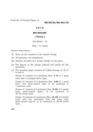 Meghalaya Board (MBOSE) Class 12 BIO-BOTANY 2018 Question Paper