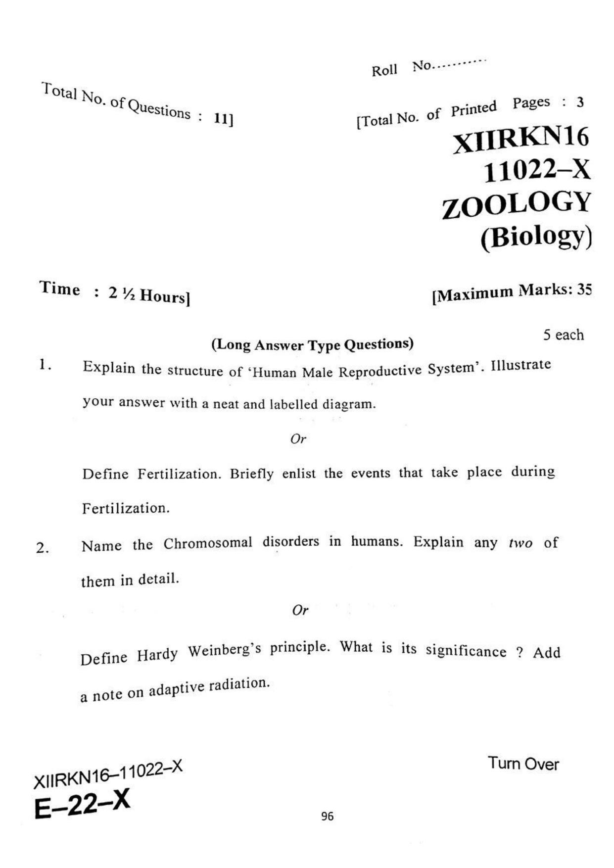 JKBOSE Class 12 Biology-Zoology Question Papers 2016 (11022-X) - Page 1