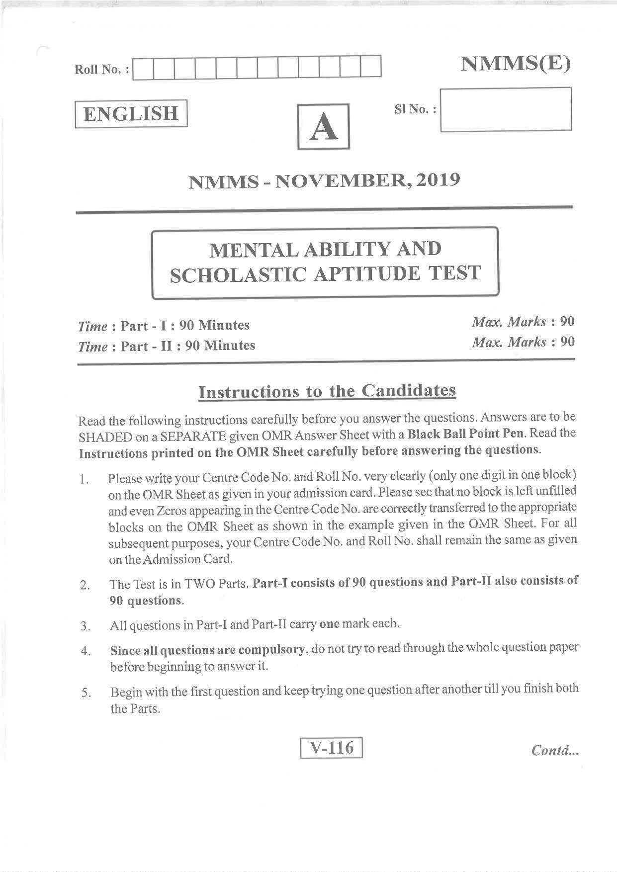 English Medium Nov 2019 (Set A) Class 8 Andhra Pradesh NMMS Question Papers - Page 1
