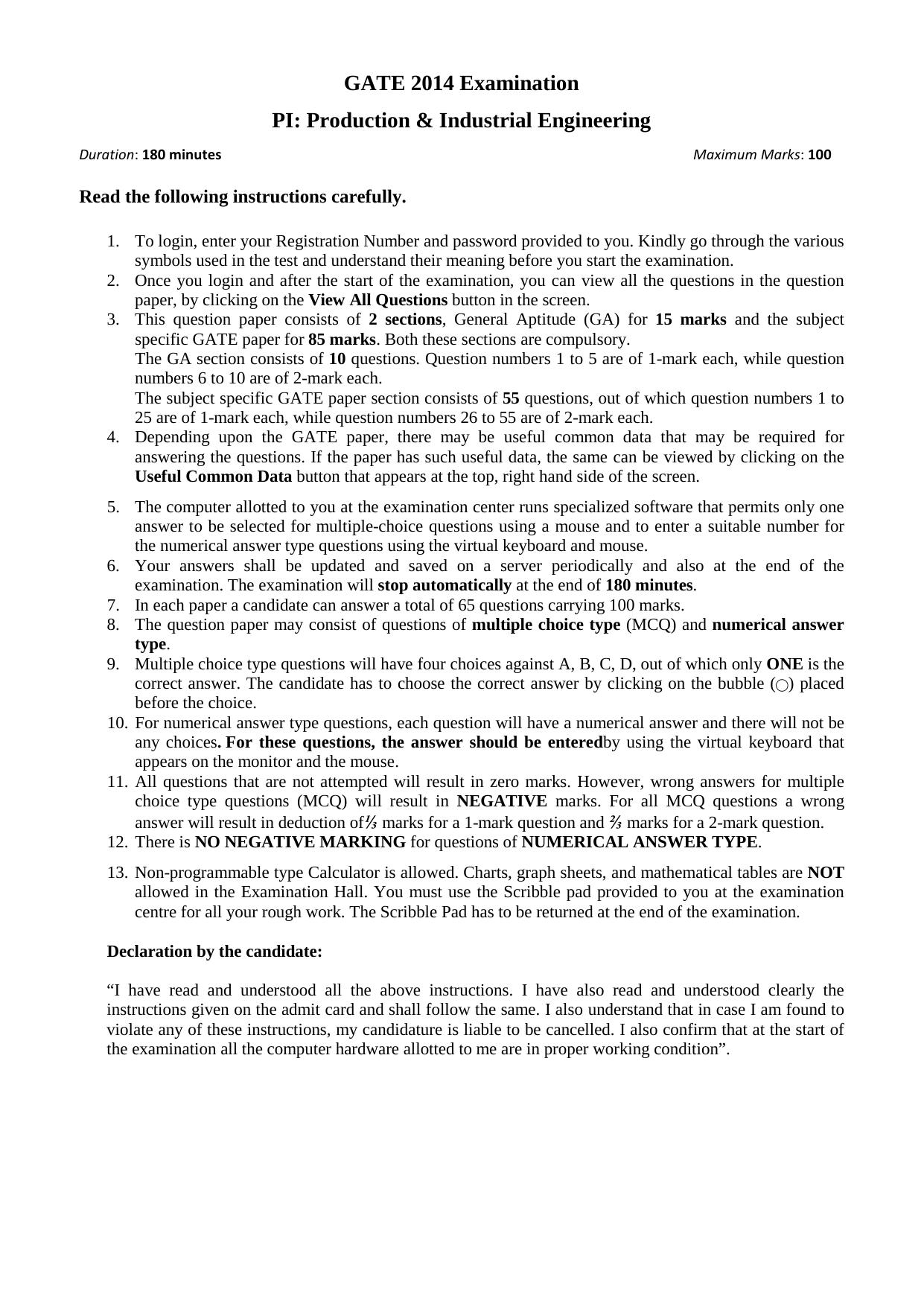 GATE 2014 Production and Industrial Engineering (PI) Question Paper with Answer Key - Page 4