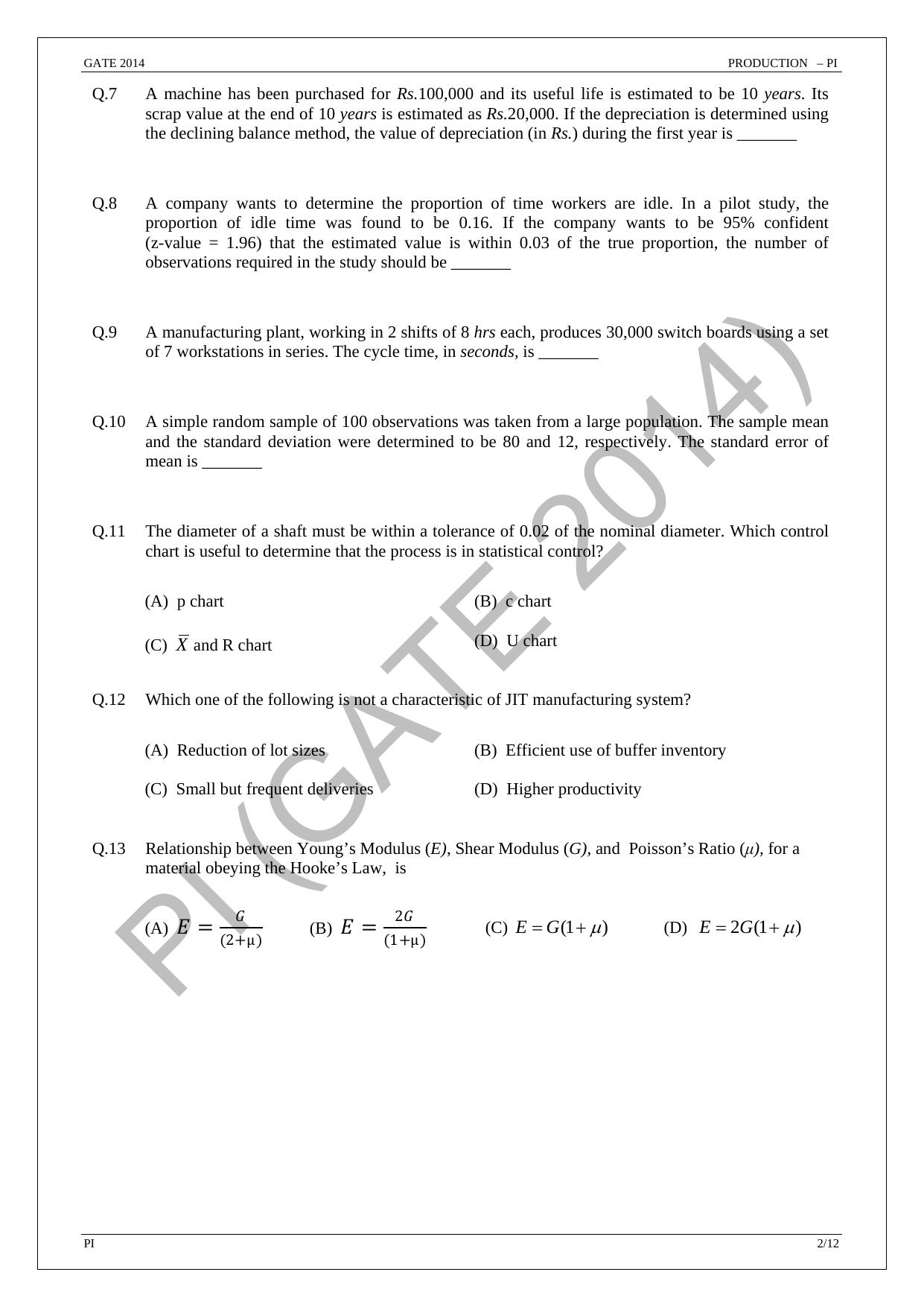 GATE 2014 Production and Industrial Engineering (PI) Question Paper