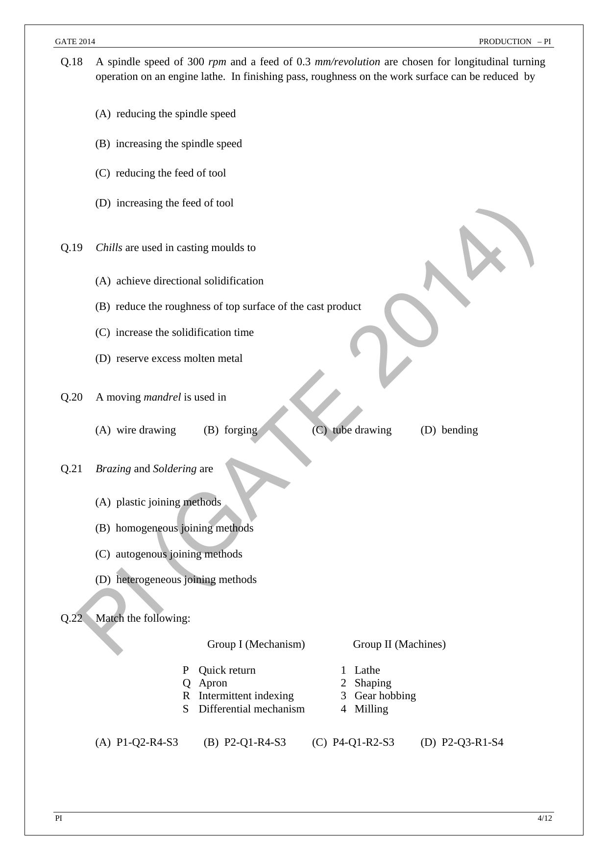 GATE 2014 Production and Industrial Engineering (PI) Question Paper