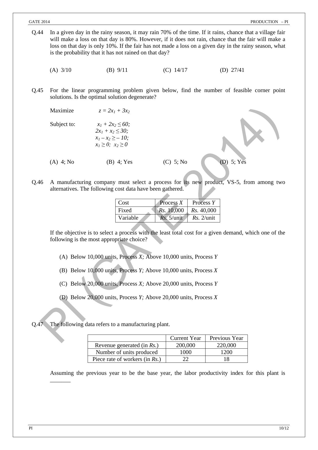 GATE 2014 Production and Industrial Engineering (PI) Question Paper
