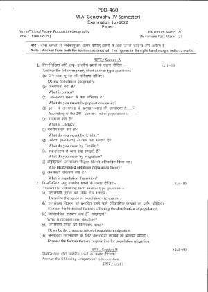 Bilaspur University Question Paper June 2022:M.A.Geography (Fourth Semester) Population GEography Paper 1
