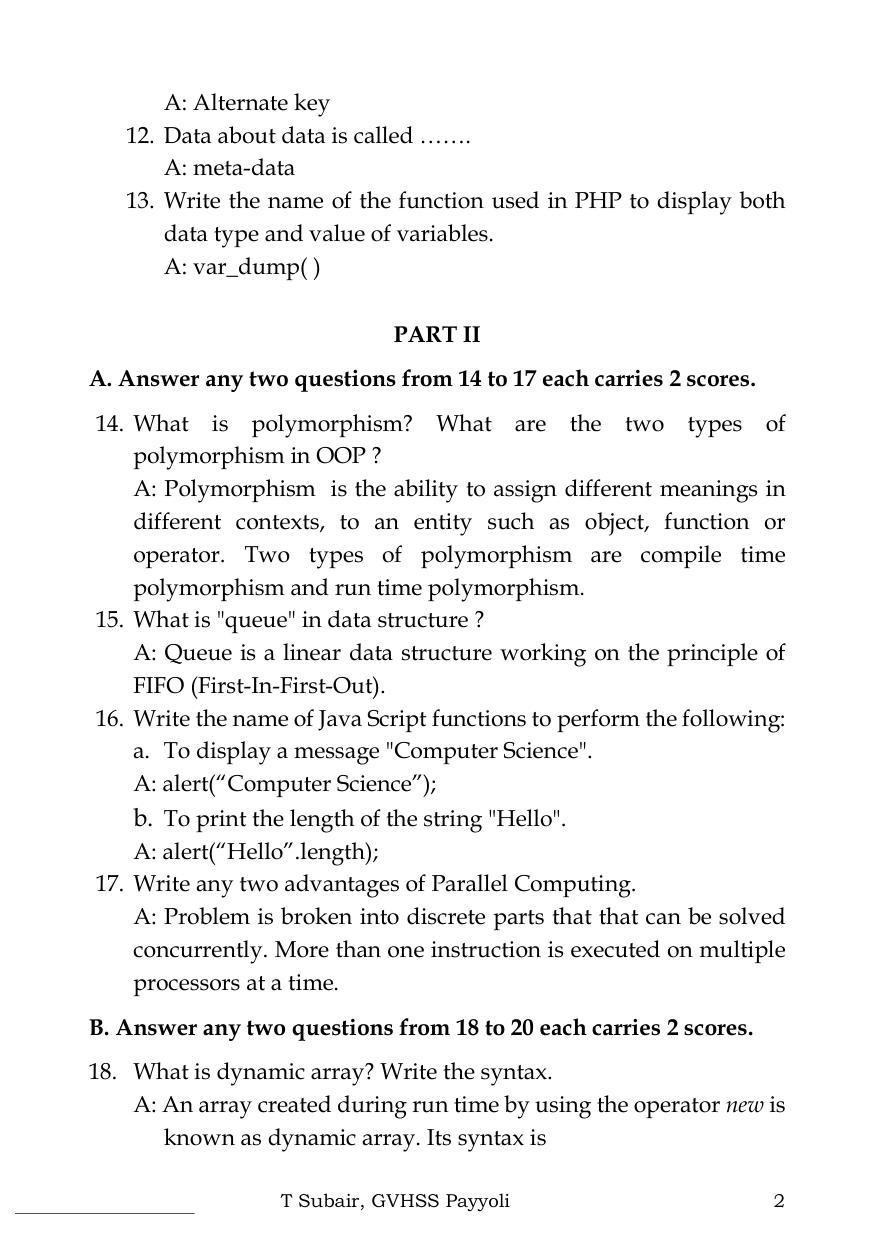 Kerala Plus Two 2022 Computer Science Model Question paper - Page 2