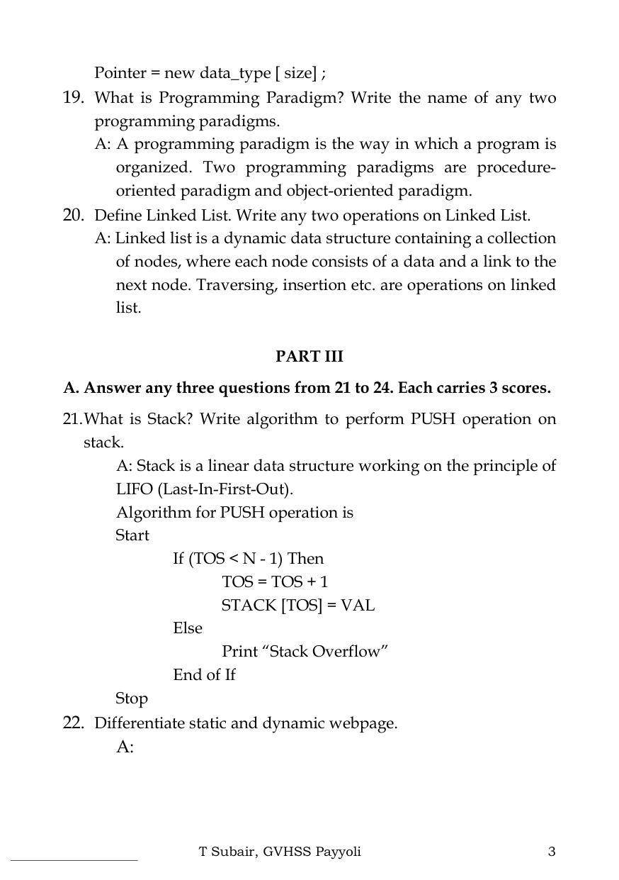 Kerala Plus Two 2022 Computer Science Model Question paper - Page 3
