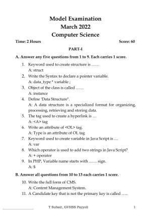 Kerala Plus Two 2022 Computer Science Model Question paper
