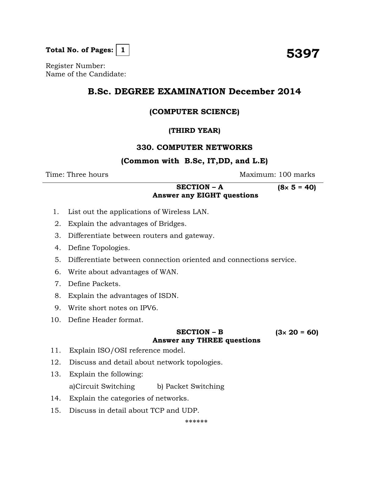 Annamalai University COMPUTER NETWORKS B.Sc Information Technology (L.E.) December 2014 Question Papers - Page 1