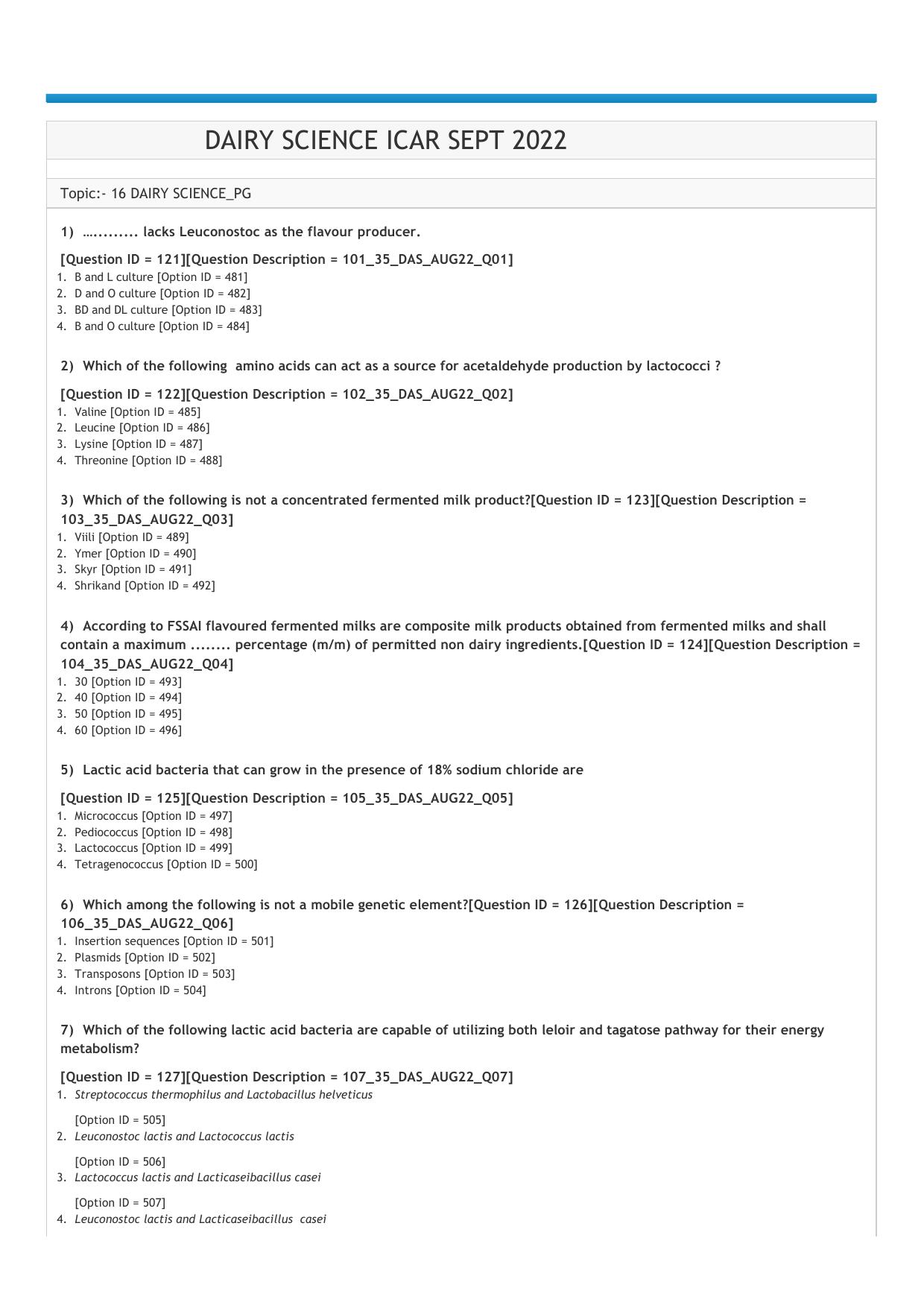ICAR AIEEA PG 2022 DAIRY SCIENCE Question Paper - Page 1