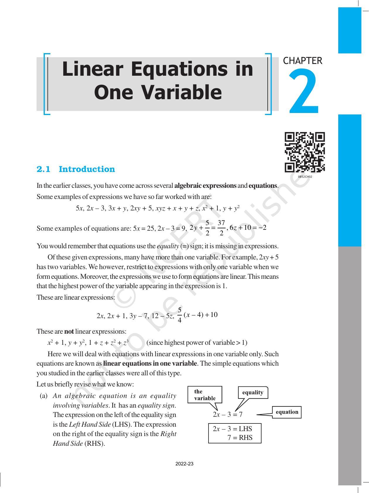 NCERT Book for Class 8 Maths Chapter 2 Linear Equations in One Variable - Page 1