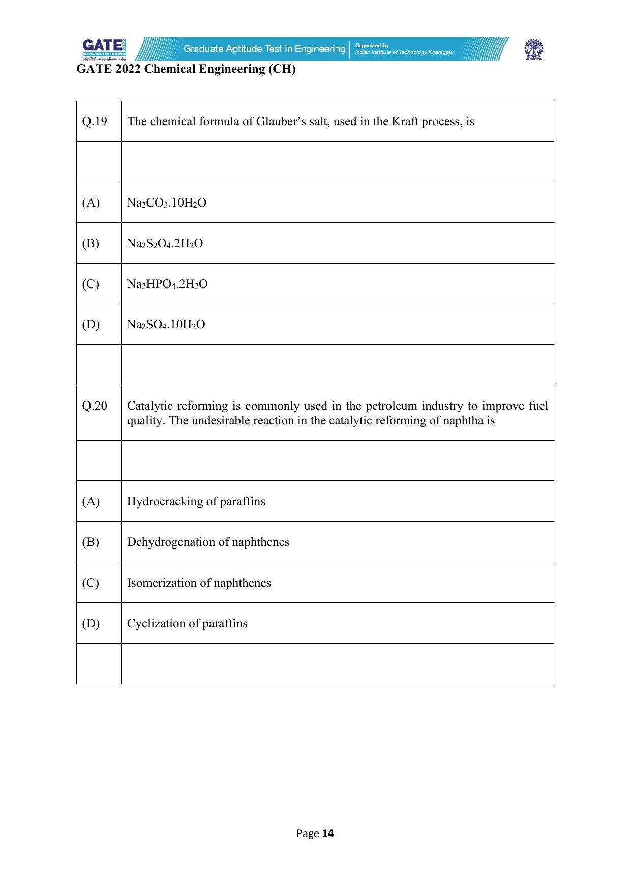 GATE 2022 Chemical Engineering (CH) Question Paper - Page 14